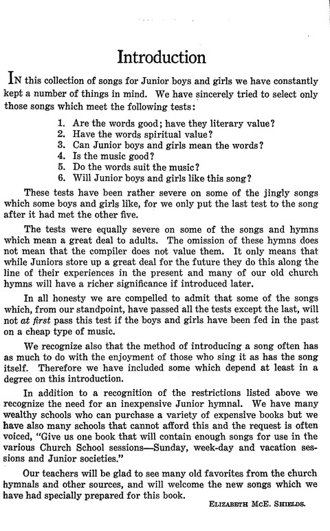 Junior Hymns and Songs: for use in Church School, Sunday Session, Week Day Session, Vacation Session, Junior Societies (Judson Ed.) page vii