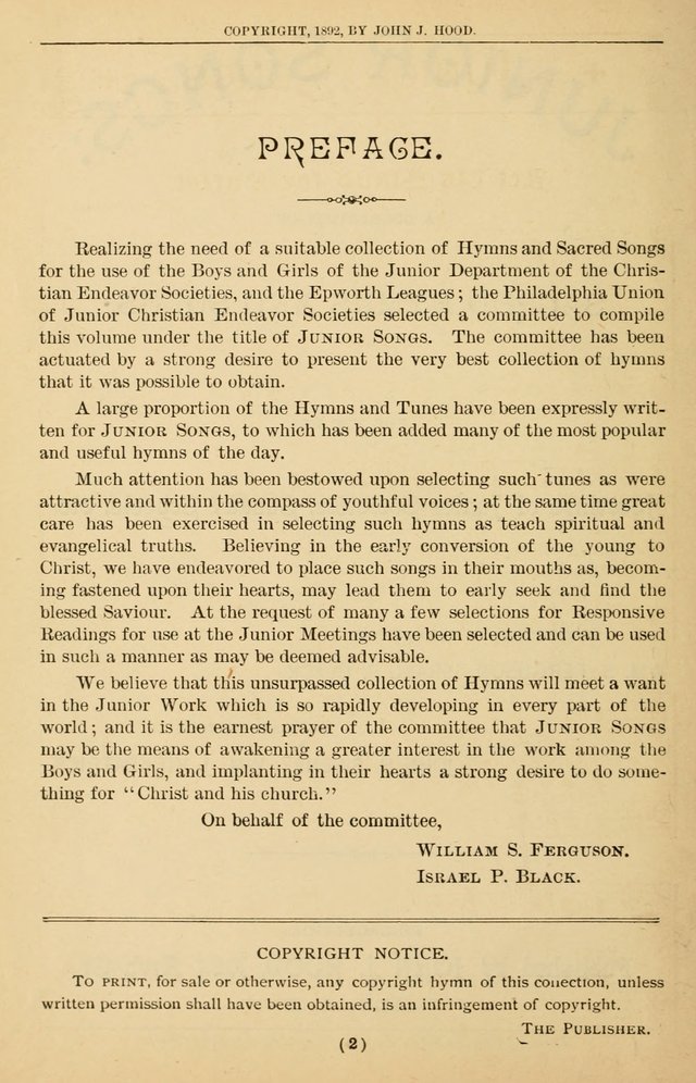 Junior Songs: a collection of sacred hymns and songs; for use in meetings of junior societies, Sunday Schools, etc. page 2