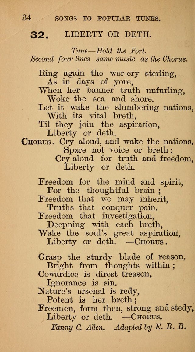 The Liberal Hymn Book: a collection of liberal songs adapted to popular tunes. For use in liberal leagues and other meetings, and in liberal homes page 34